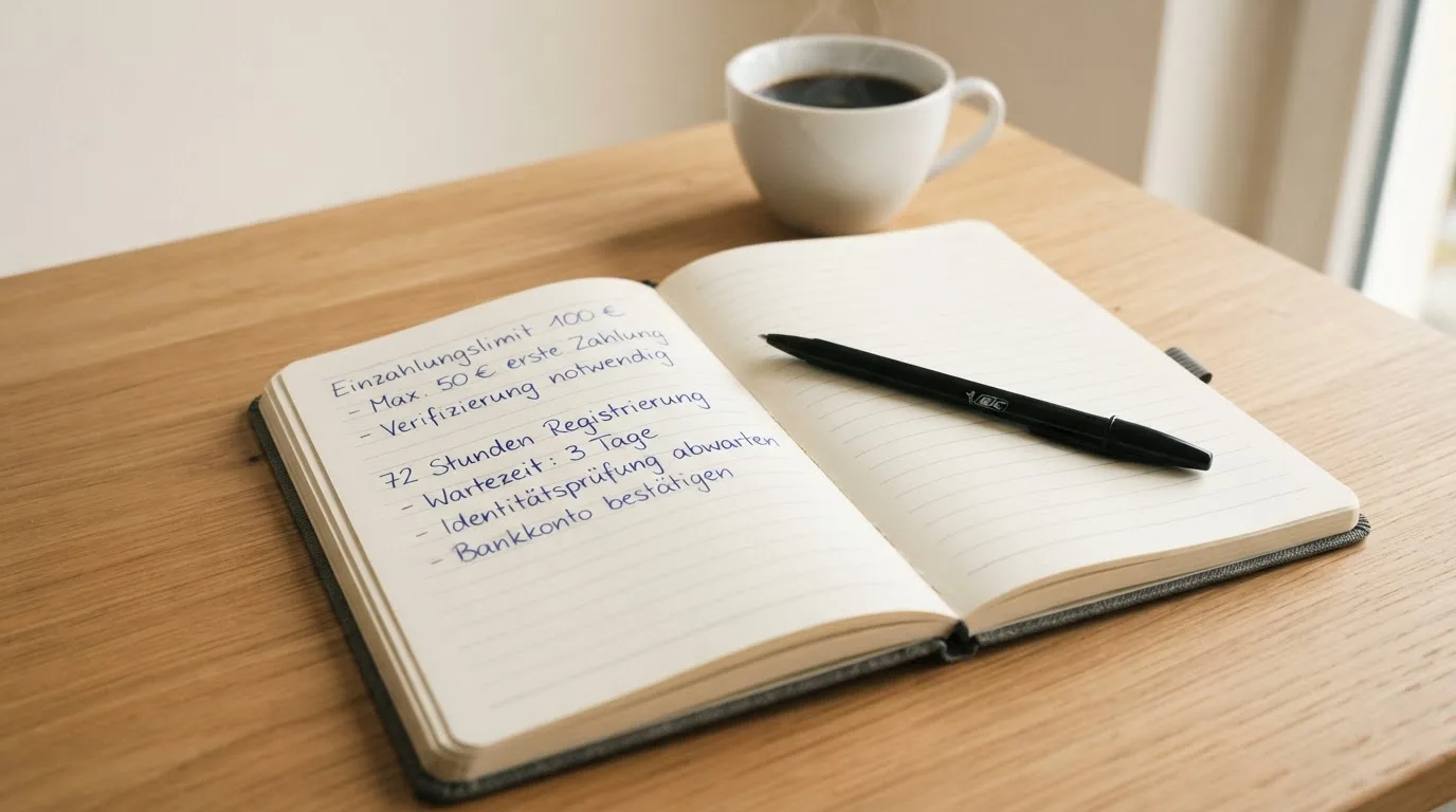 Ein aufgeschlagenes Notizbuch mit handschriftlichen Notizen und ein Kugelschreiber liegen auf einem hellen Schreibtisch neben einer Kaffeetasse.