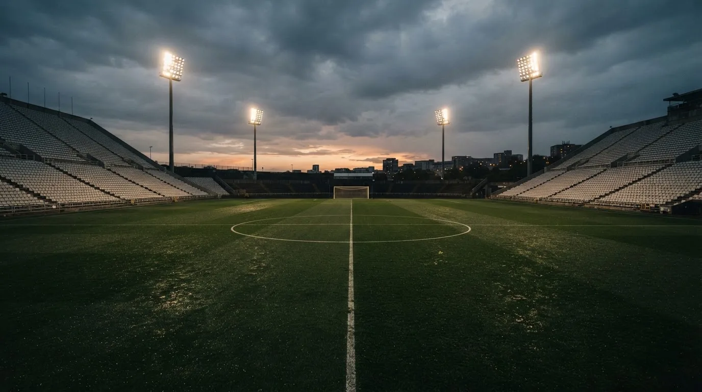 Ein Fußballplatz mit Flutlichtmasten in der Abenddämmerung, aus der Ferne gesehen, leere Tribünen und nasser Rasen unter bewölktem Himmel.