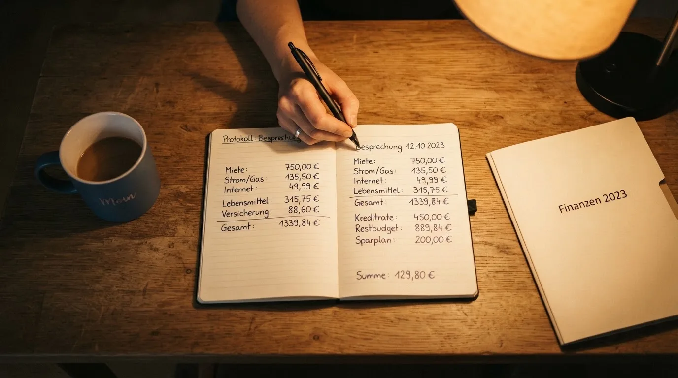 Ein Taschenrechner und ein Blatt Papier mit handschriftlichen Notizen liegen auf einem Schreibtisch unter dem warmen Licht einer Lampe.