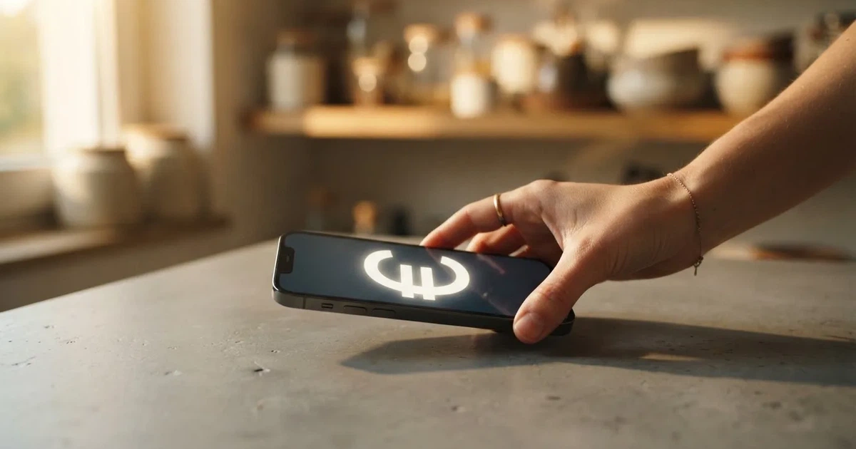 Eine Hand legt ein paar Münzen neben ein umgedrehtes Smartphone auf eine graue Tischplatte, dahinter verschwommen ein Küchenregal.