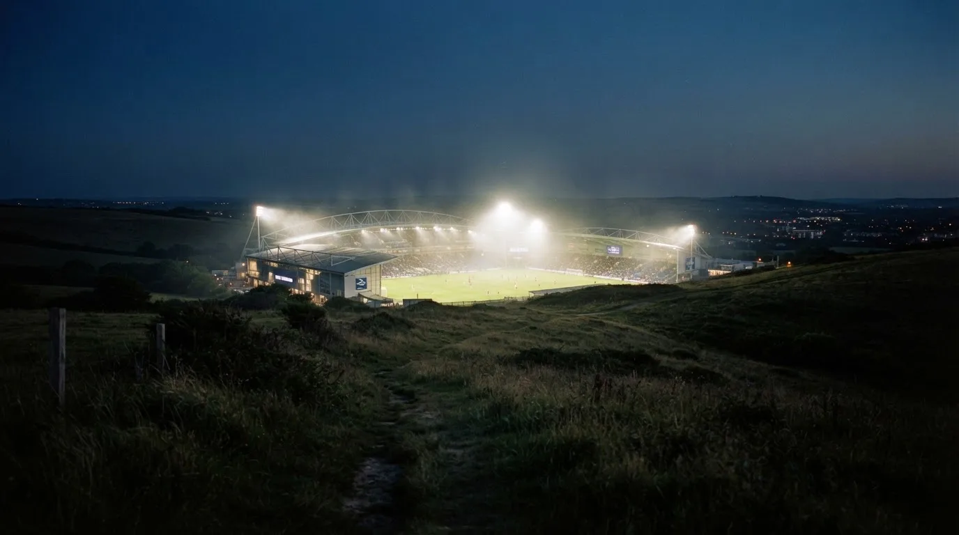 Ein Stadion unter Flutlicht bei Nacht, von einem Hügel aus der Ferne betrachtet, mit Dunst über dem Spielfeld.