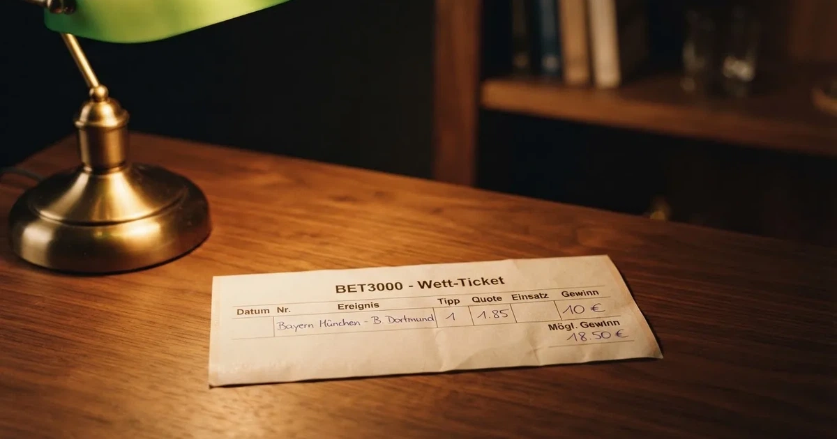 Ein leerer Wettschein aus Papier liegt neben einem Stapel Euro-Münzen auf einem dunklen Holztisch, seitlich von einer Schreibtischlampe beleuchtet.
