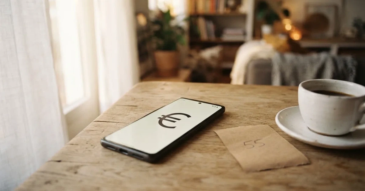 Zwei Euro-Scheine und ein Smartphone liegen auf einem Holztisch neben einer Tasse, im Hintergrund ein unscharfes Fenster.
