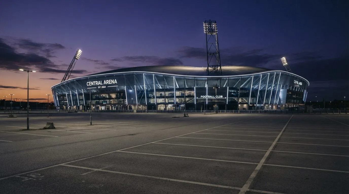 Ein Fußballstadion von außen in der Dämmerung, hohe Flutlichtmasten vor einem violetten Himmel, davor ein leerer Parkplatz.