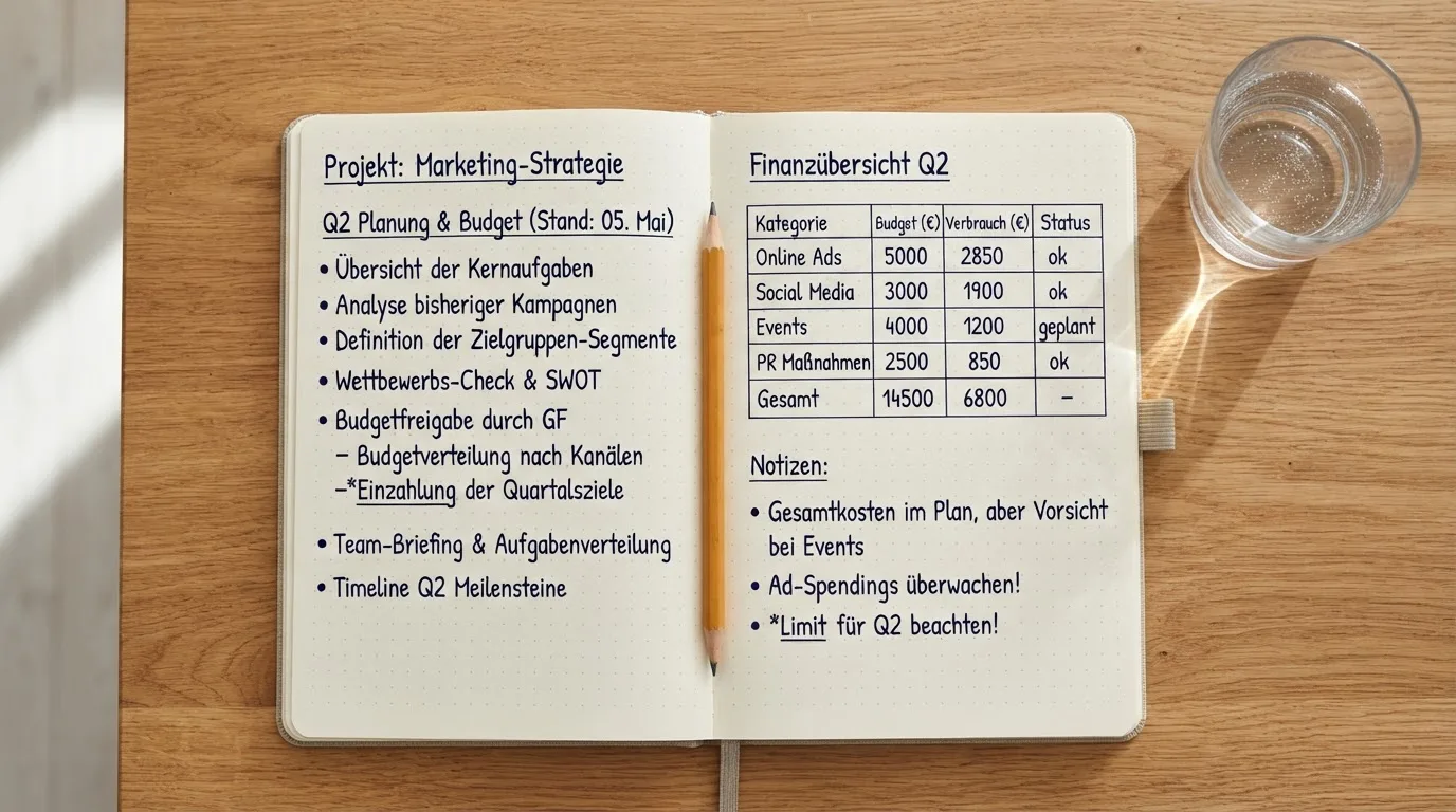 Ein aufgeschlagenes Heft mit handschriftlichen Notizen und ein Bleistift liegen auf einem Schreibtisch, daneben ein Glas Wasser.