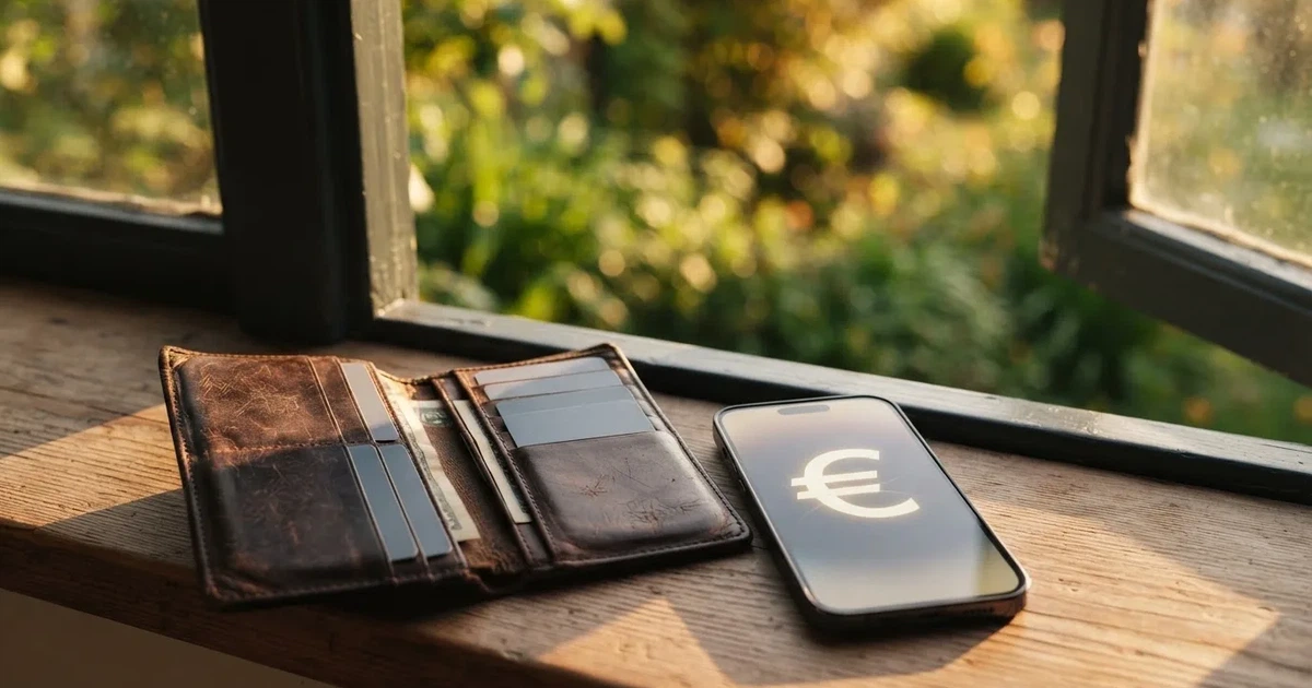 Eine Geldbörse aus Leder liegt geöffnet neben einem Smartphone auf einer Fensterbank, im Hintergrund ein Garten im Gegenlicht.