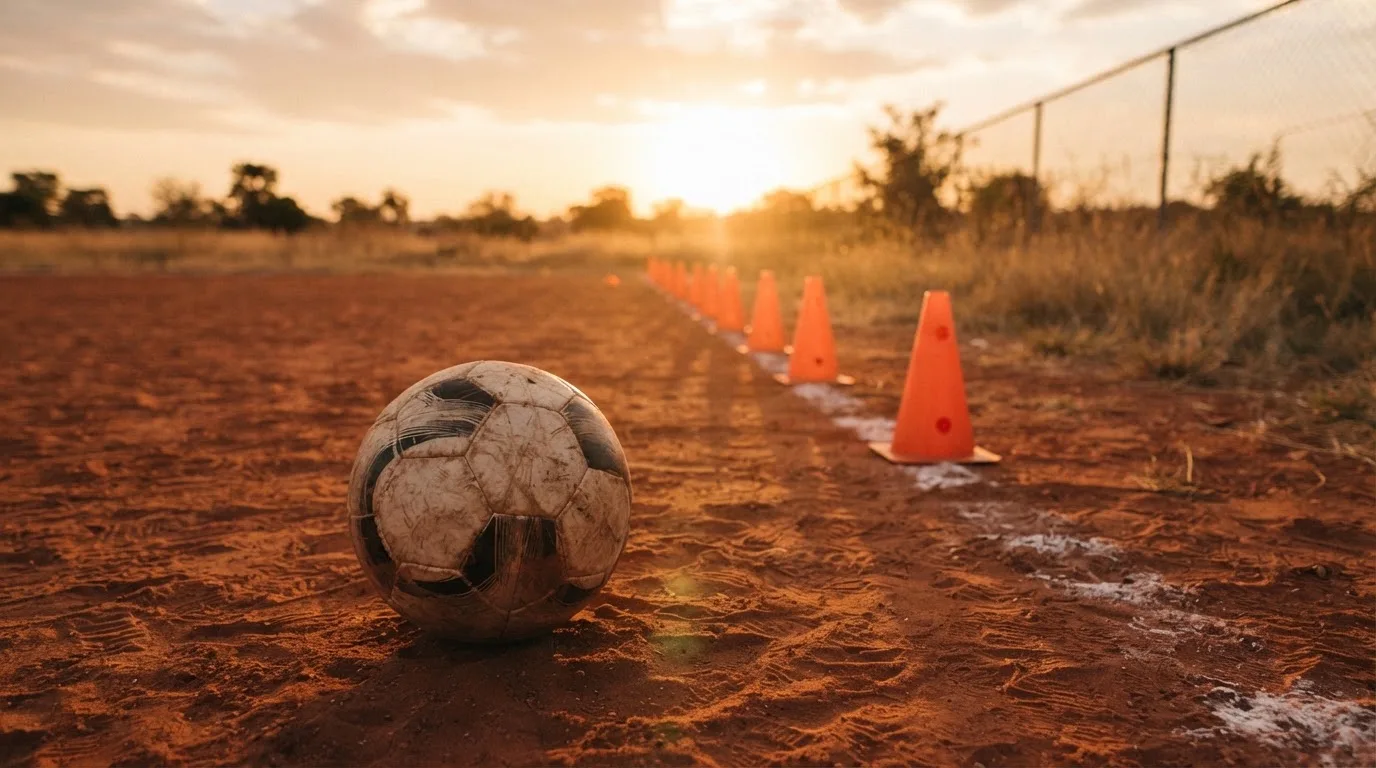 Ein Fußball auf rotem Sandboden neben einer Reihe Hütchen auf einem Trainingsplatz bei untergehender Sonne.