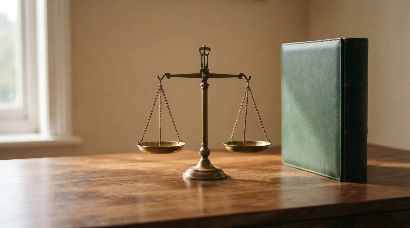 Eine Waage aus Messing und ein geschlossener Aktenordner ohne Beschriftung stehen auf einem polierten Schreibtisch.