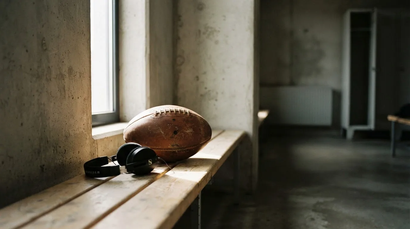 Ein Fußball liegt neben Kopfhörern auf einer Holzbank in einer Umkleide, Licht fällt durch ein schmales Fenster.