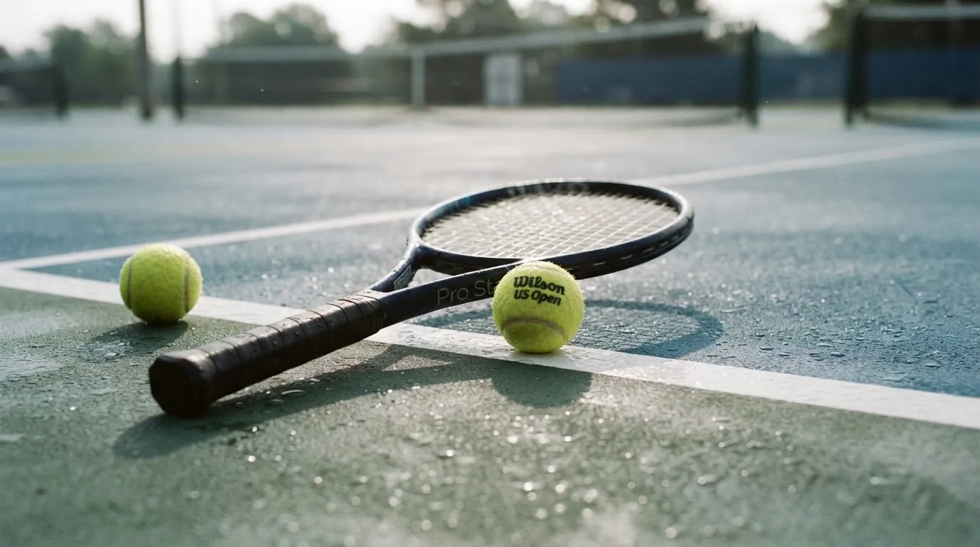 Zwei Tennisbälle und ein Schläger liegen auf der Grundlinie eines Hartplatzes, kleine Wassertropfen glänzen auf dem Belag.