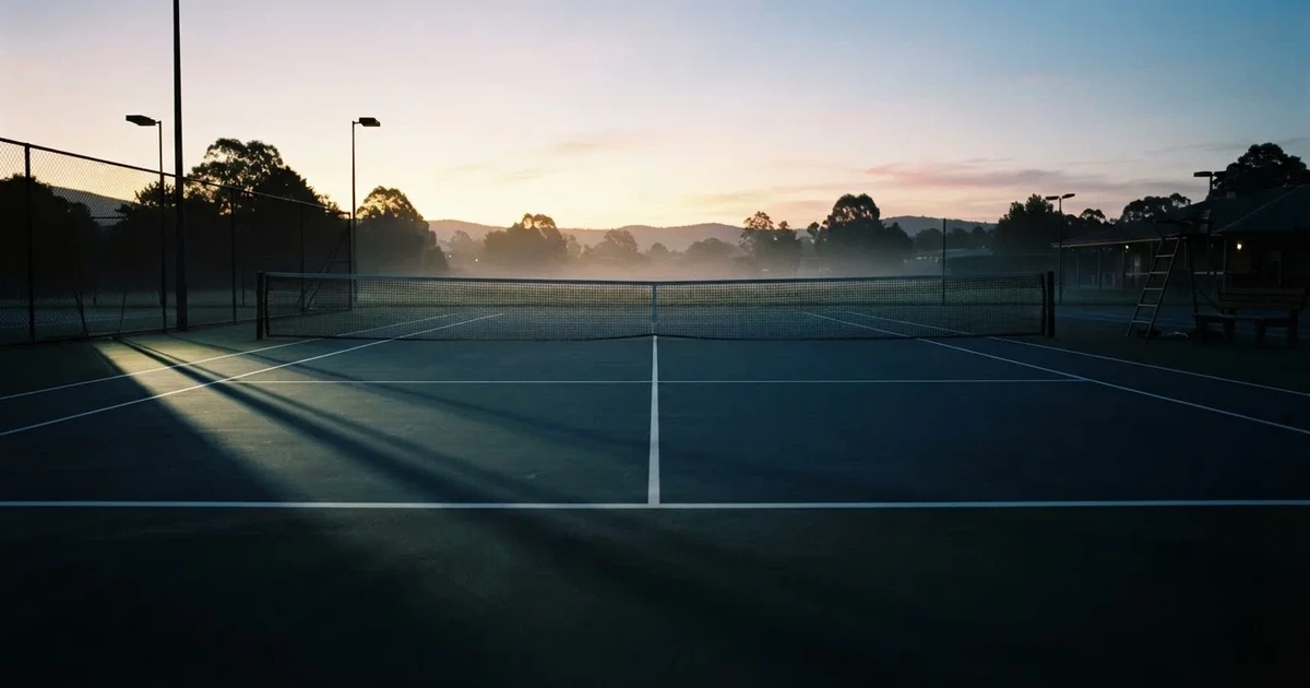 Ein leerer Tennisplatz mit Hartplatzbelag in der Morgendämmerung, das Netz im Gegenlicht und lange Schatten der Linien.