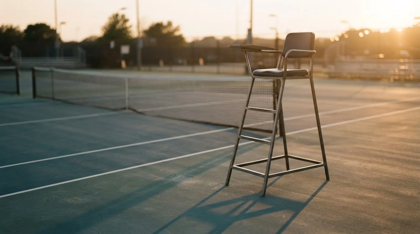 Ein leerer Schiedsrichterstuhl am Spielfeldrand eines Tennisplatzes im Abendlicht, lange Schatten auf dem Belag.
