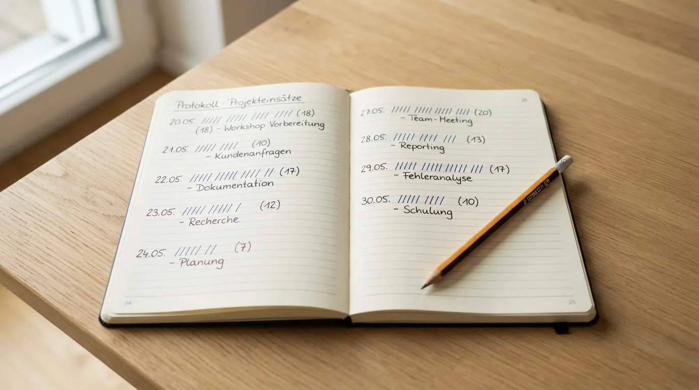 Ein handschriftlich geführtes Heft mit Strichlisten liegt neben einem Bleistift auf einem Tisch, seitlich fällt Tageslicht herein.