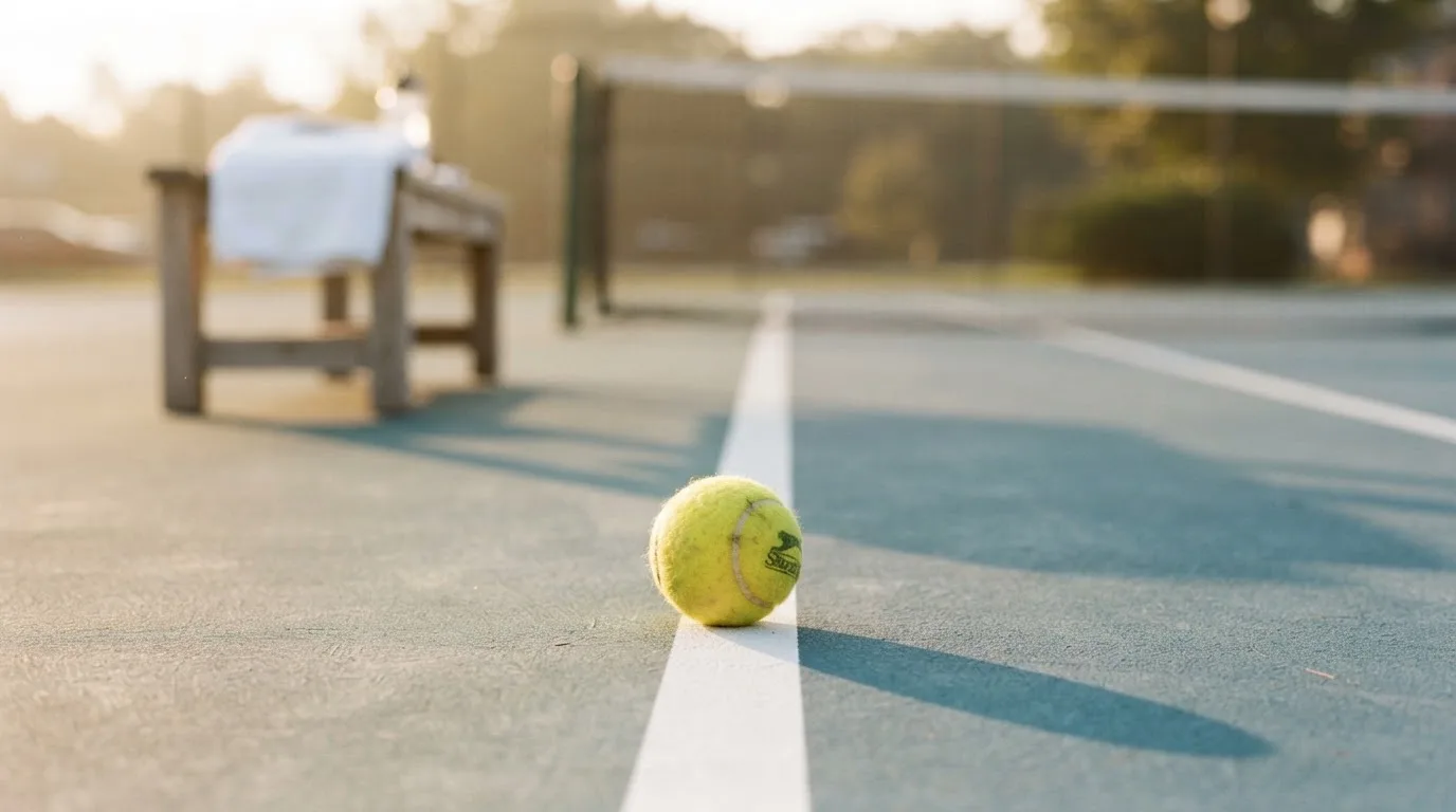 Ein gelber Tennisball liegt auf einer weißen Linie, daneben ein Handtuch auf einer Bank am Spielfeldrand.