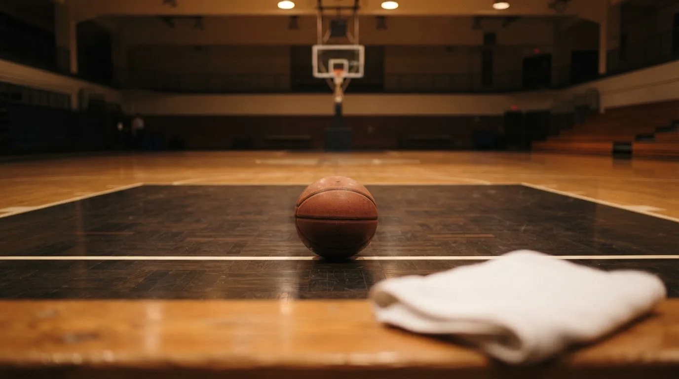 Ein Basketball liegt auf der Freiwurflinie einer Halle, im Vordergrund ein Handtuch auf einer Bank.