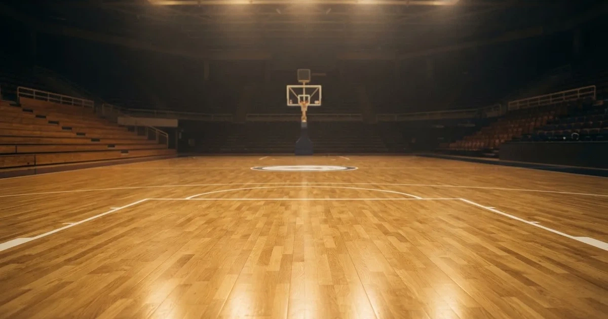 Eine leere Basketballhalle mit glänzendem Parkett und einem Korb im Hintergrund, Licht von Deckenstrahlern spiegelt sich im Boden.