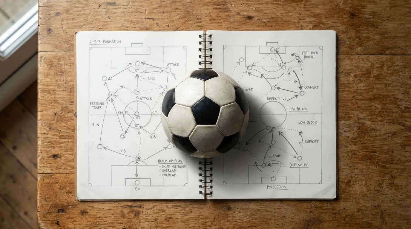 Ein Fußball liegt auf einem Notizbuch mit handgezeichneten Skizzen von Spielzügen, aufgenommen von oben auf einem Holztisch.