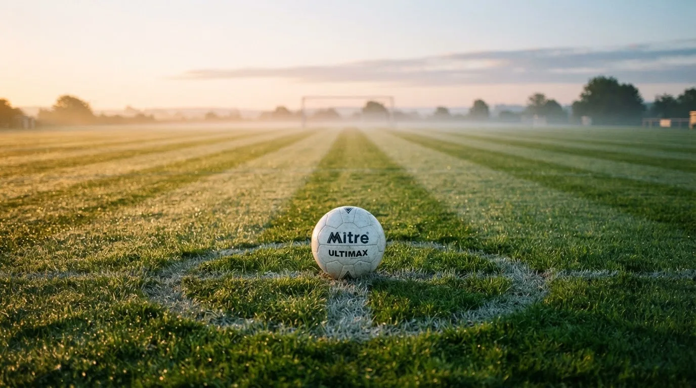 Ein Fußball liegt auf dem Anstoßpunkt eines Rasens bei Sonnenaufgang, Tau glitzert auf den Halmen.