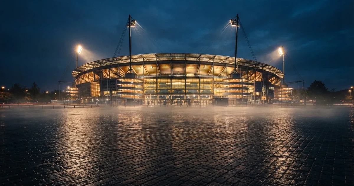 Ein großes Fußballstadion bei Flutlicht von außen, davor ein leerer Vorplatz mit nassem Pflaster und Dunst.