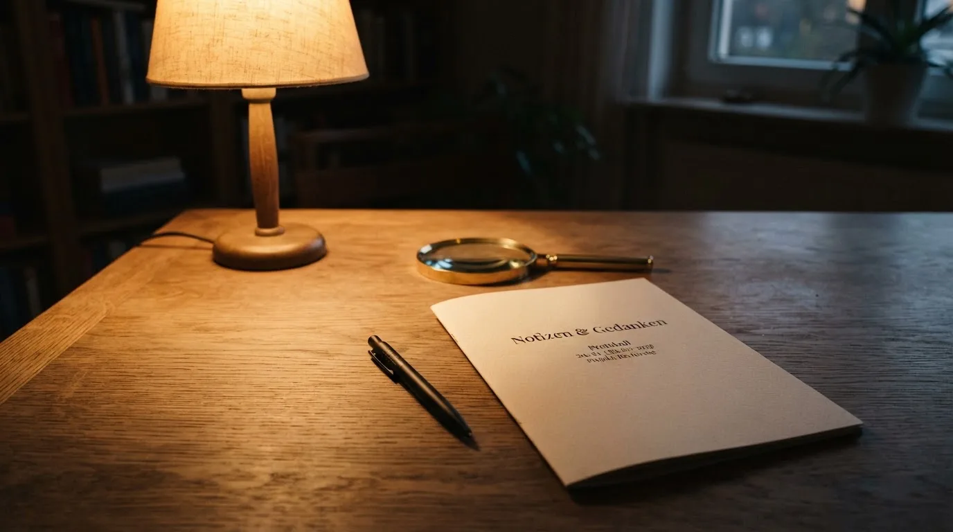Ein Schreibtisch mit Kugelschreiber, Lupe und einem geschlossenen Ordner ohne Beschriftung in warmem Lampenlicht.