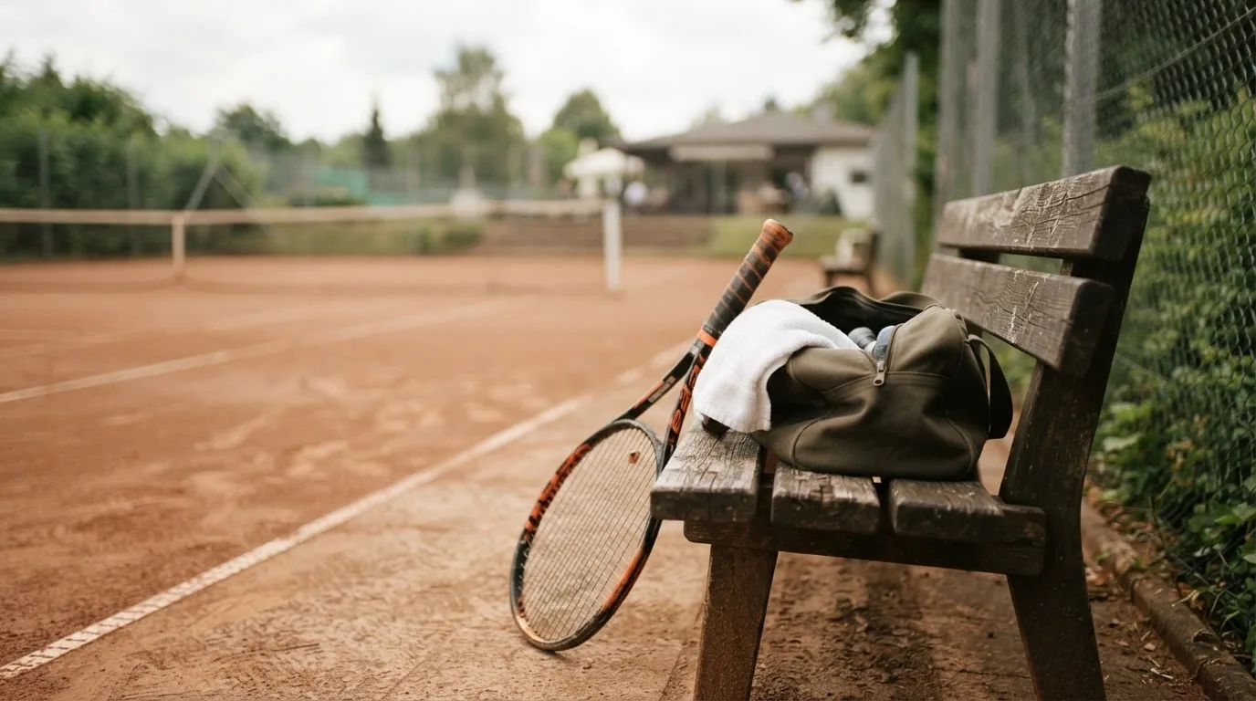 Ein Tennisschläger lehnt an einer Bank neben einer Sporttasche, im Hintergrund ein leerer Platz.