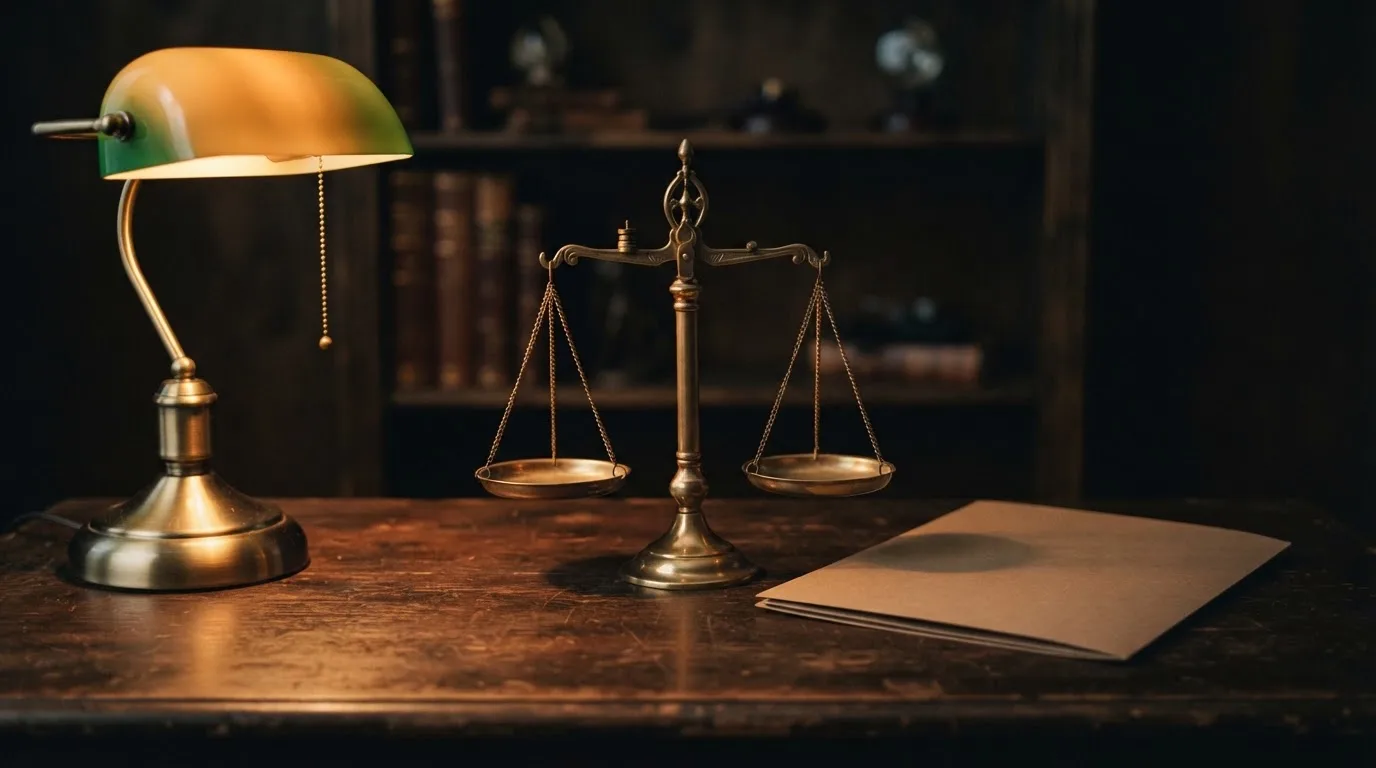 Eine Waage aus Messing und ein geschlossener Ordner ohne Beschriftung stehen neben einer Tischlampe auf einem Schreibtisch.