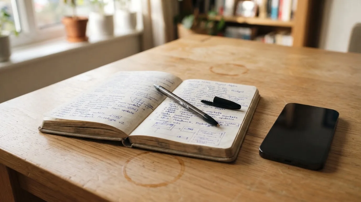 Ein Notizbuch mit handschriftlichen Notizen und ein Kugelschreiber liegen neben einem Smartphone mit dunklem Display auf einem Holztisch.