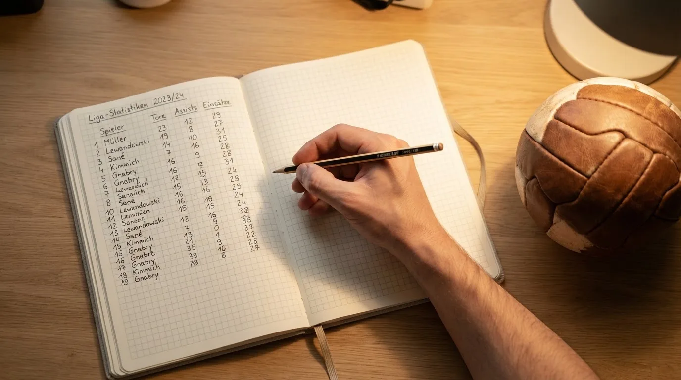 Eine Hand notiert mit Bleistift Zahlen in ein kariertes Heft, daneben liegt ein kleiner Lederfußball auf einer Holzplatte.