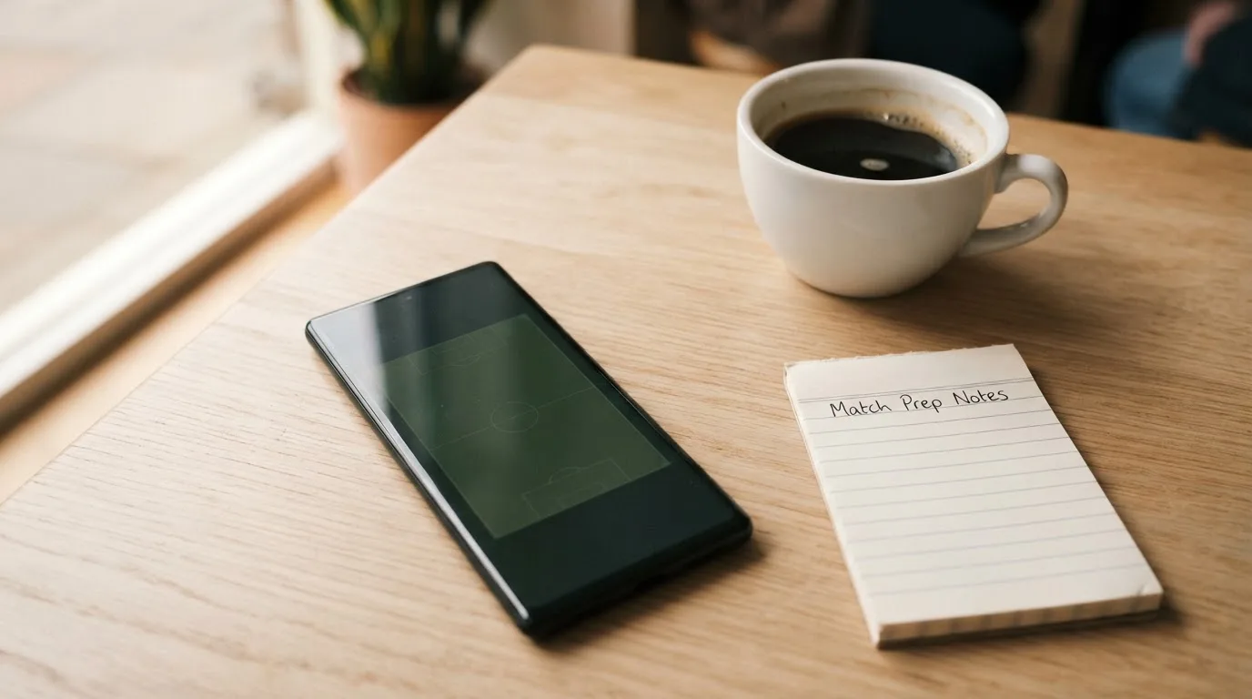 Ein Smartphone mit dunklem Display liegt neben einer Kaffeetasse und einem Notizblock auf einem hellen Tisch.