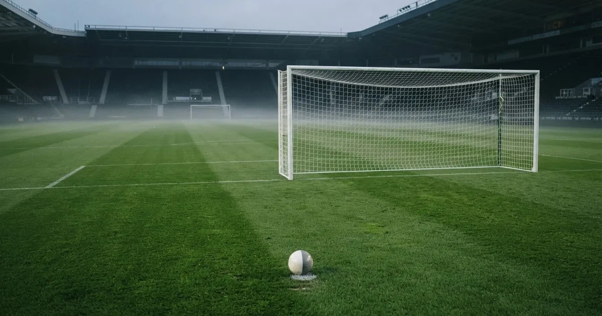 Ein Fußballtor mit gespanntem Netz steht auf einem leeren Rasenplatz, davor ein einzelner Ball, Morgendunst liegt über dem Feld.