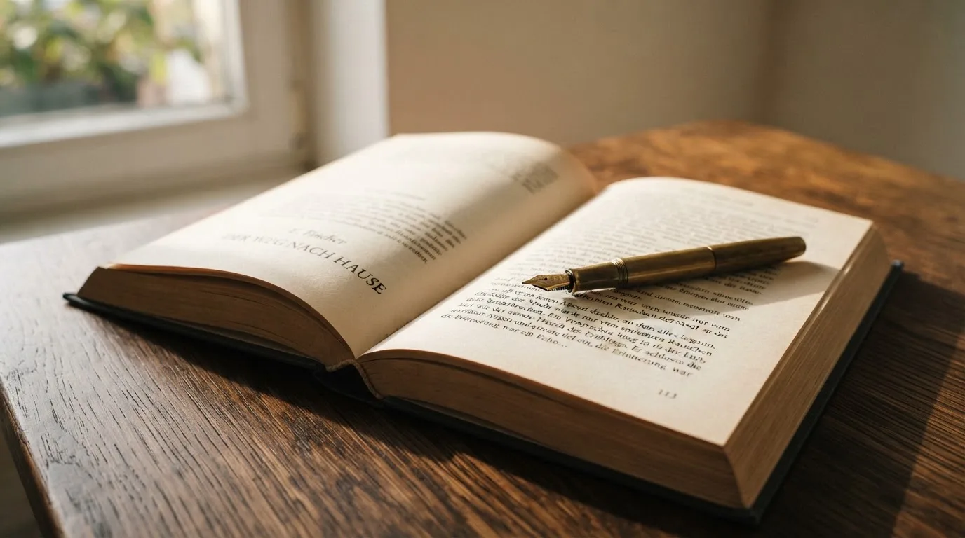 Ein aufgeschlagenes Buch mit leeren Seiten liegt neben einem Füllfederhalter auf einer Holzplatte, Fensterlicht fällt von links.