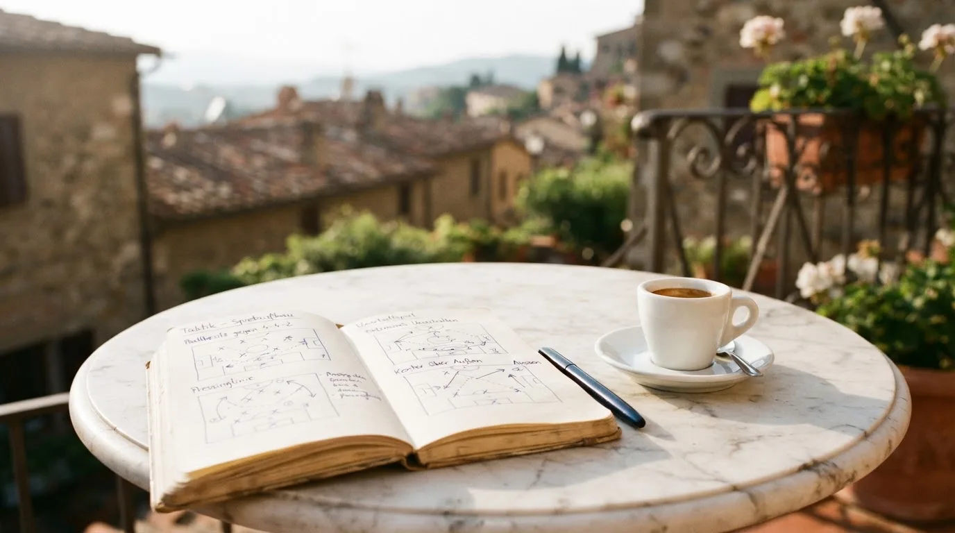 Eine Espressotasse steht auf einem kleinen Marmortisch einer Terrasse, daneben ein Notizheft mit handschriftlichen Skizzen.