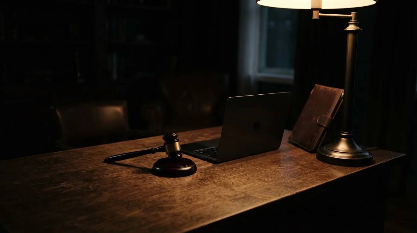 Ein Schreibtisch mit Stehlampe, einem geschlossenen Laptop und einem hölzernen Richterhammer im Halbdunkel.