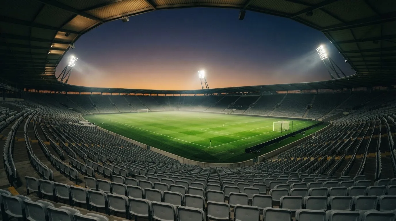 Eine leere Stadiontribüne unter Flutlicht aus der Ferne betrachtet, die Rasenfläche leuchtet grün in der Dämmerung.