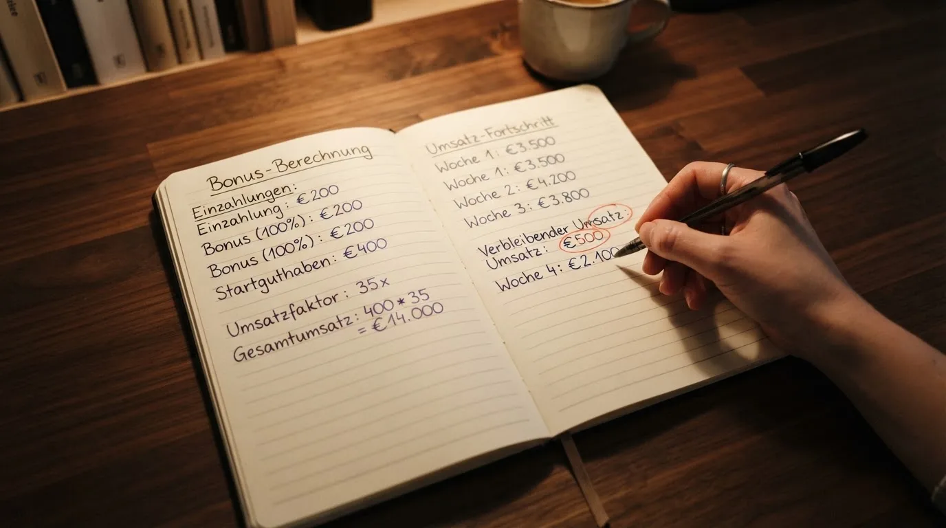 Ein Notizbuch mit handschriftlichen Rechnungen und ein Taschenrechner liegen auf einem aufgeräumten Schreibtisch in warmem Licht.