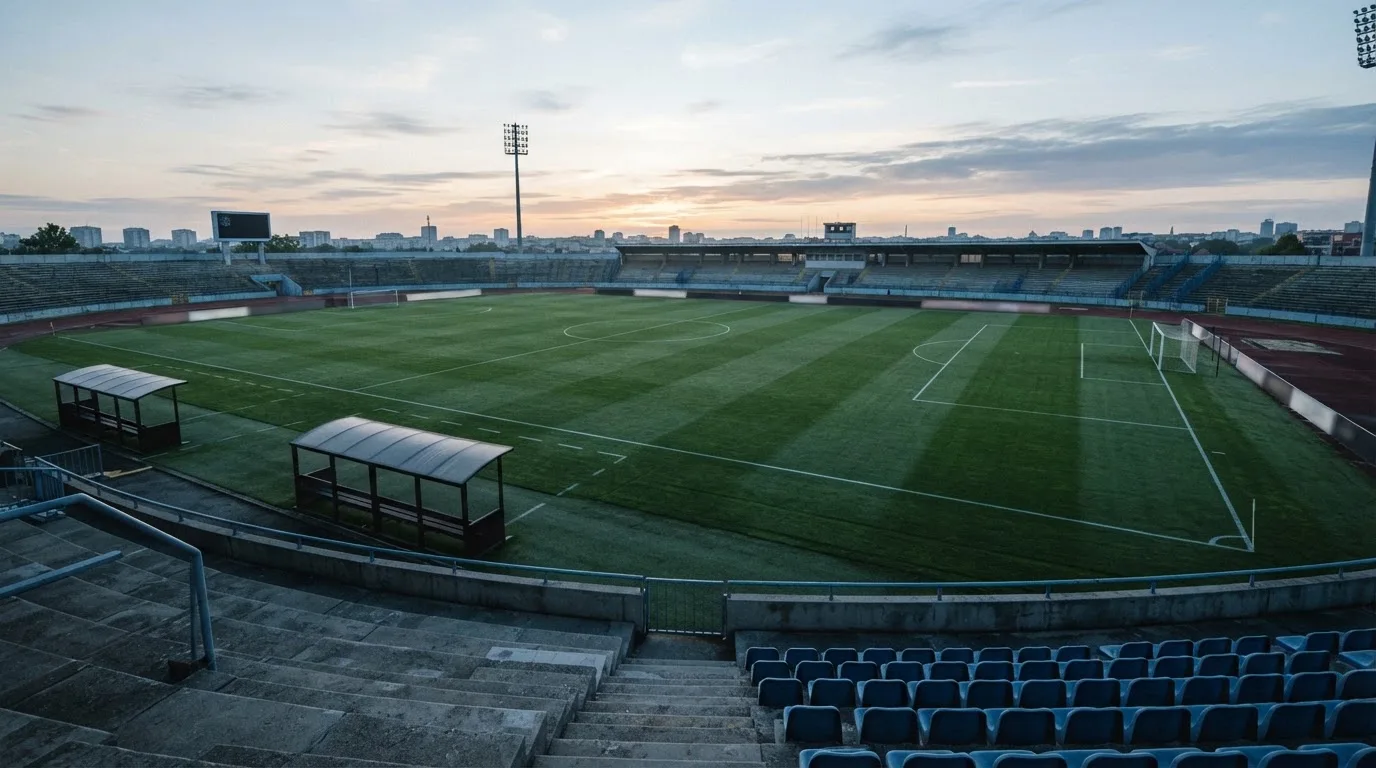 Ein Fußballplatz mit frisch gezogenen Kreidelinien im ersten Morgenlicht, leere Ersatzbänke am Spielfeldrand.