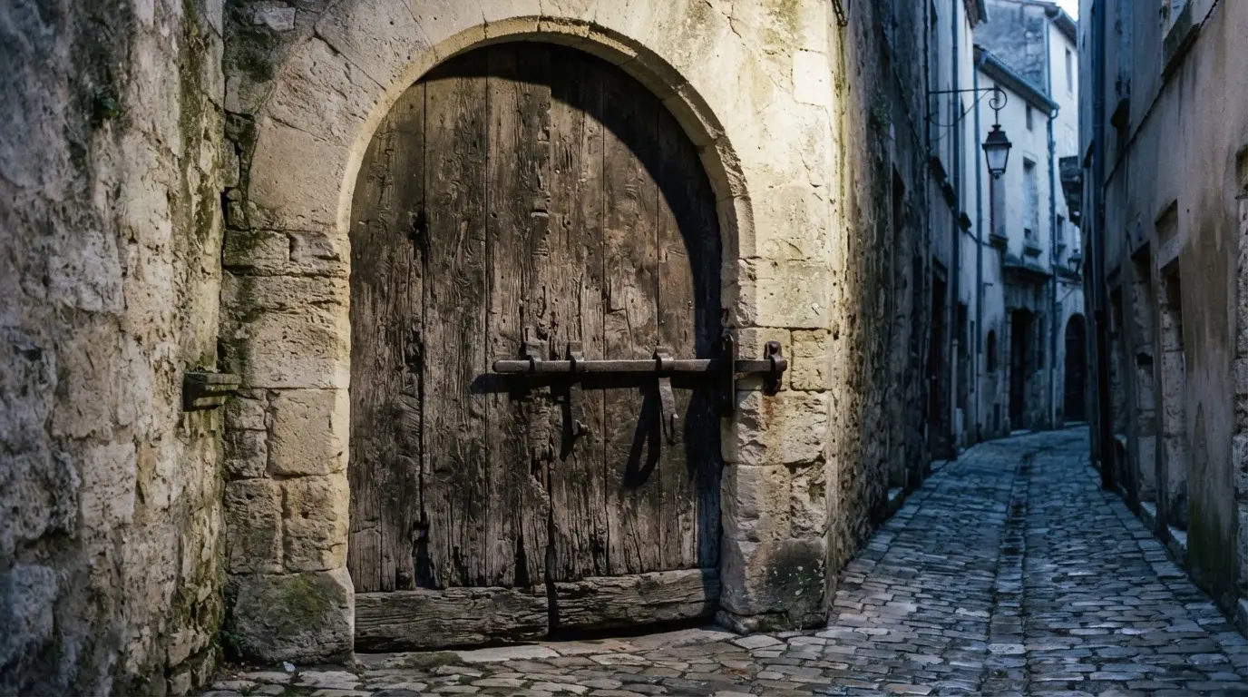 Ein massives Holztor mit eisernem Riegel steht in einer ruhigen Gasse im Morgenlicht.