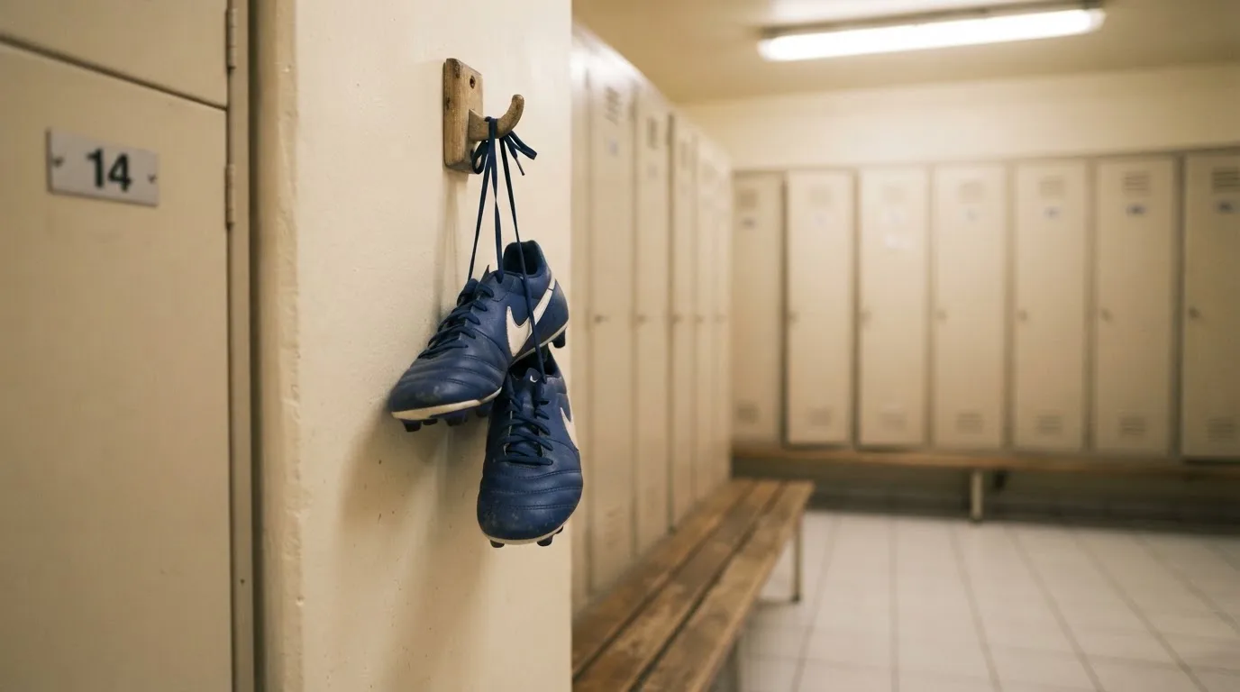 Ein Paar Fußballschuhe hängt an den Schnürsenkeln an einem Holzhaken in einer leeren Umkleidekabine.