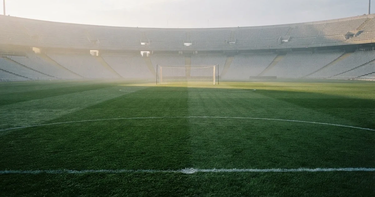 Ein Fußballplatz mit gepflegtem Rasen und einem Tor, über dem Spielfeld liegt Morgennebel, im Hintergrund eine leere Tribüne.