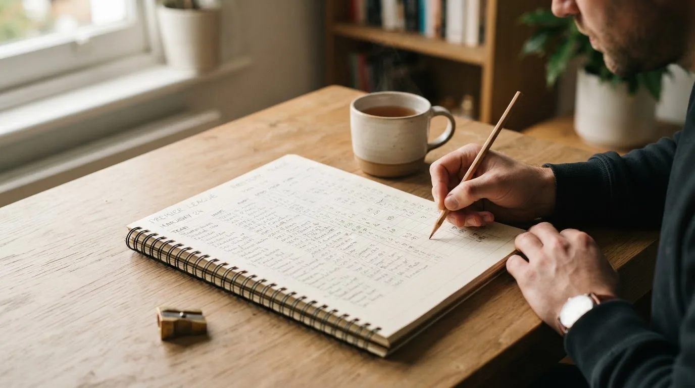 Ein Schreibtisch mit Taschenrechner, Bleistift und einem Block voller handschriftlicher Rechnungen, daneben eine Tasse Tee.