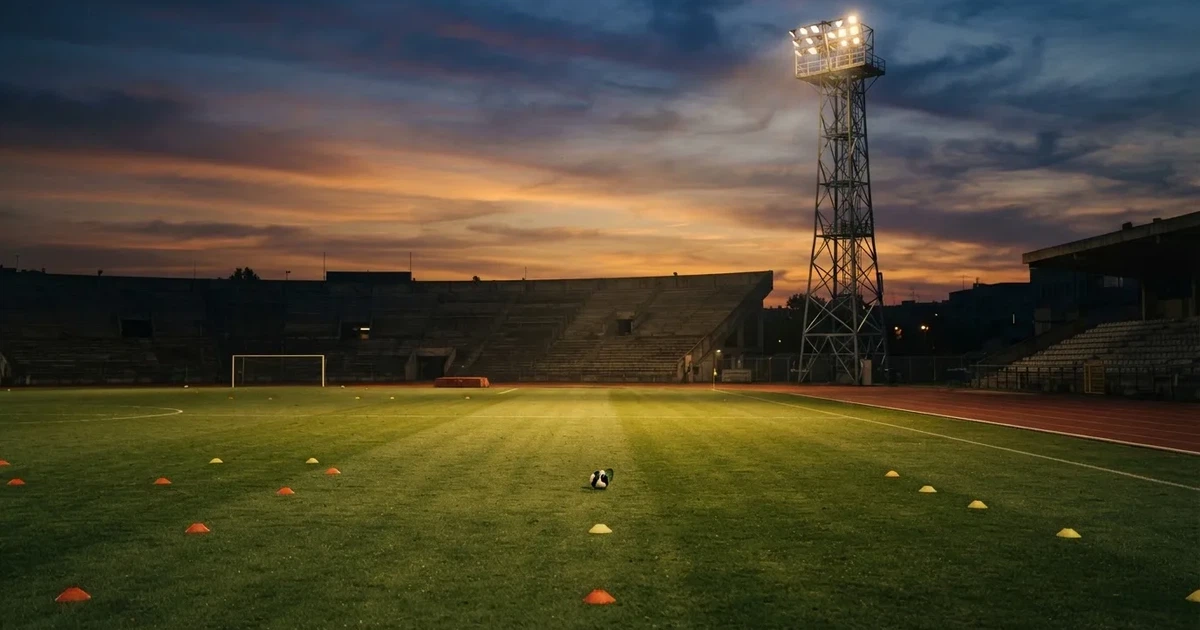 Eine Flutlichtanlage ragt über einen Trainingsplatz, auf dem Rasen liegen verstreut Hütchen und ein Ball, am Himmel die Abenddämmerung.