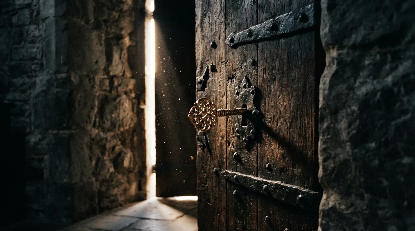 Ein Schlüssel steckt im Schloss einer massiven Holztür, Licht fällt durch einen schmalen Spalt.