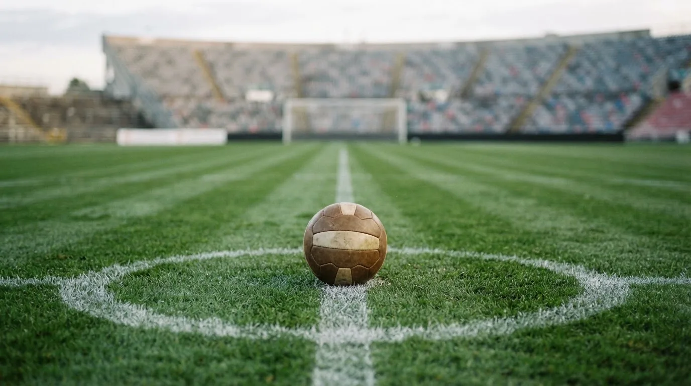 Ein Fußball liegt auf dem Rasen im Mittelkreis, die Kreidelinien führen scharf ins Bild, dahinter verschwimmt eine Tribüne.