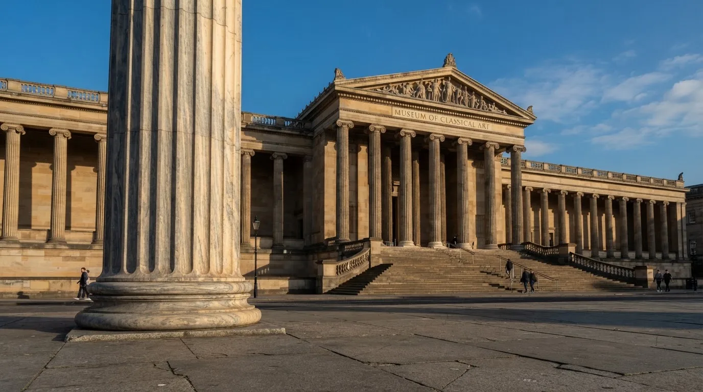 Eine Marmorsäule vor einem klassischen Gebäude, im Hintergrund blauer Himmel.