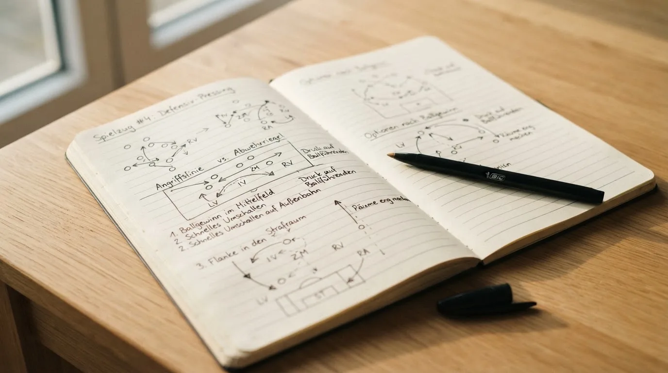 Ein aufgeschlagenes Notizbuch mit handschriftlichen Skizzen von Spielzügen liegt neben einem Kugelschreiber auf einem Holztisch.
