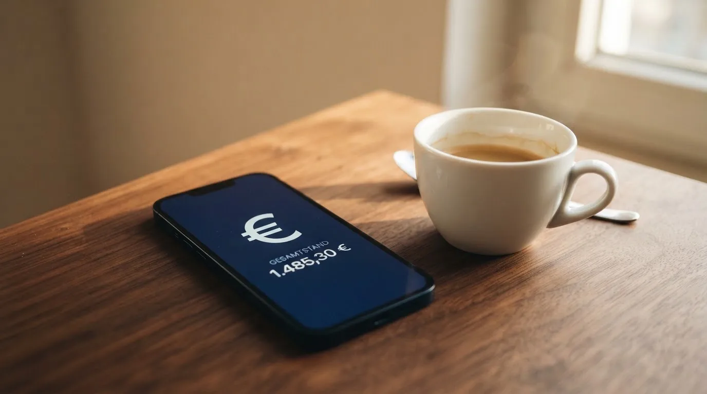 Ein Smartphone mit dunklem Display liegt neben einer Kaffeetasse auf einem Holztisch im Licht eines Fensters.