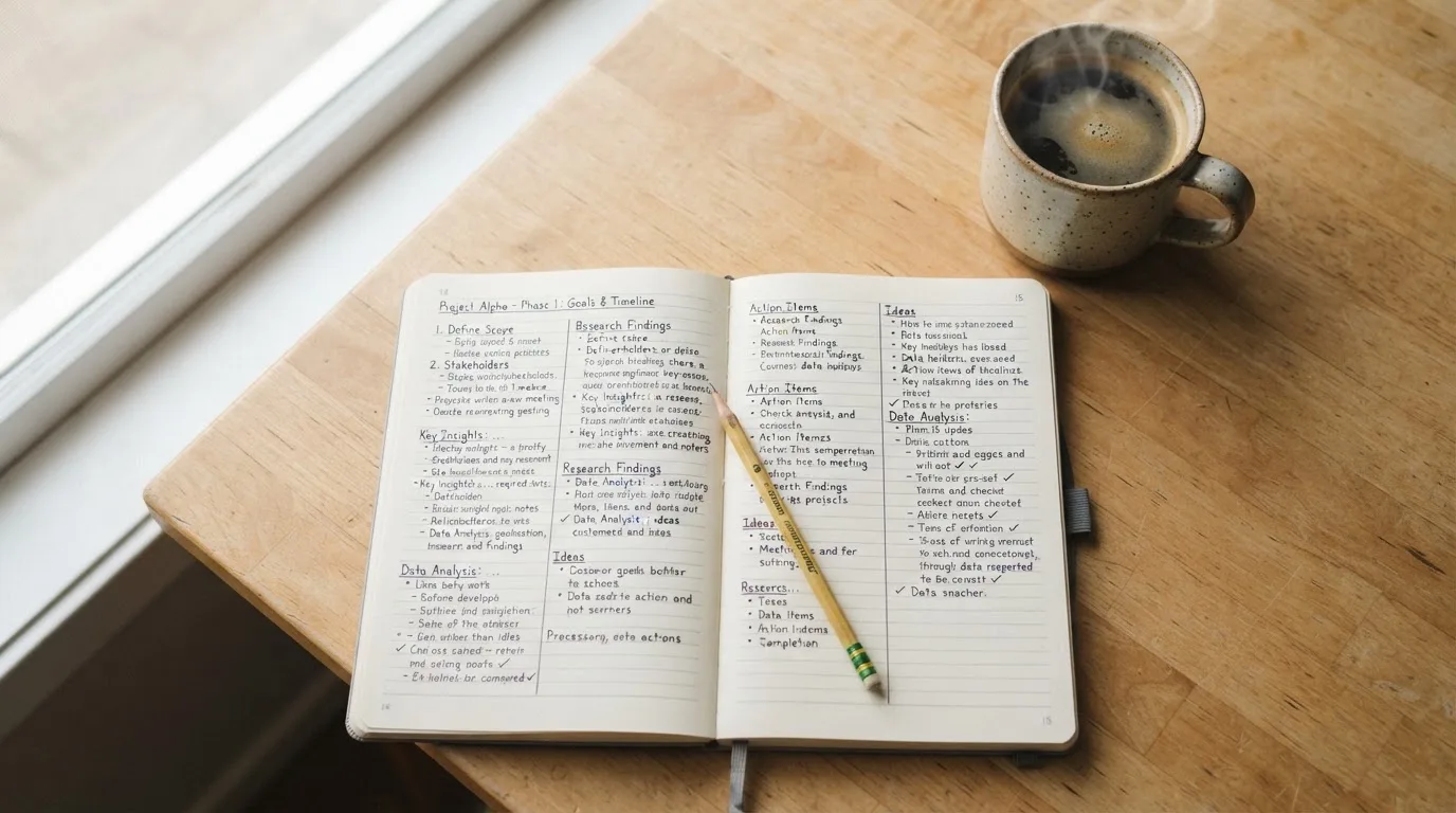 Ein aufgeschlagenes Notizbuch mit handgeschriebenen Stichpunkten und ein Bleistift liegen neben einer Kaffeetasse auf einem hellen Holztisch.