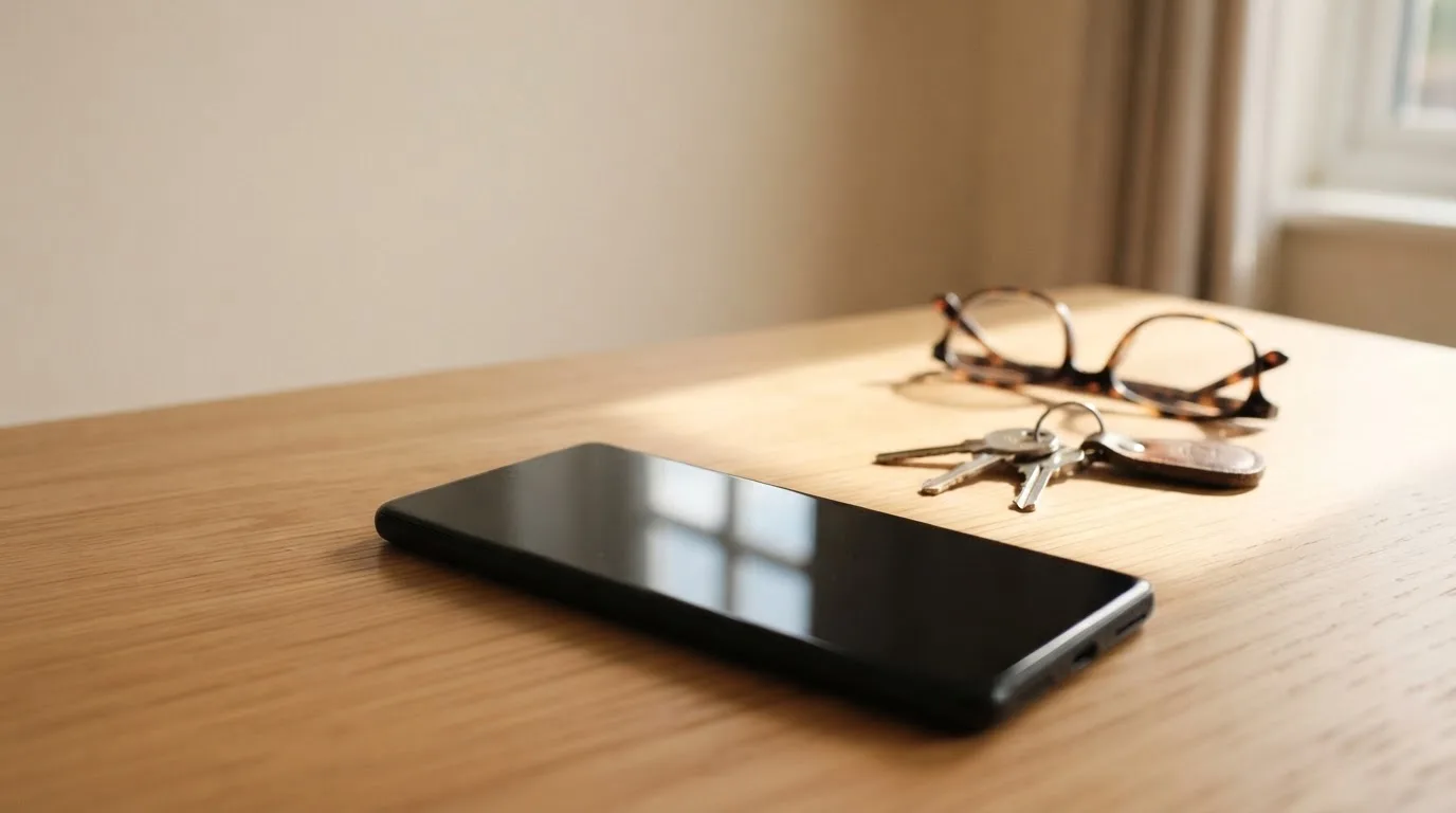 Ein Smartphone liegt mit dunklem Display auf einem Holztisch neben einem Schlüsselbund und einer Brille im Licht eines Fensters.