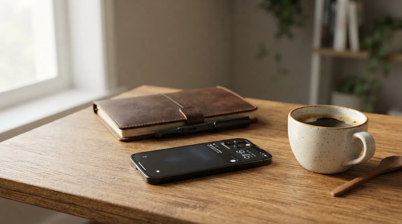 Ein Smartphone liegt mit dunklem Display auf einem Schreibtisch neben einem Notizbuch und einer Kaffeetasse.
