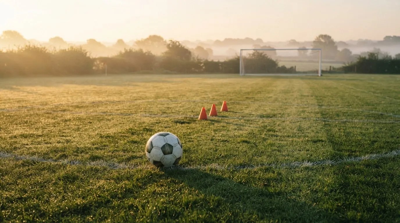 Ein Fußball liegt auf einem Rasenplatz bei Sonnenaufgang, daneben ein kleiner Stapel Trainingshütchen.